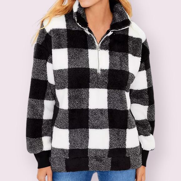 LOFT Black and White Check Sherpa 1/4 Zip Sweater Size M Cozy - Picture 1 of 10
